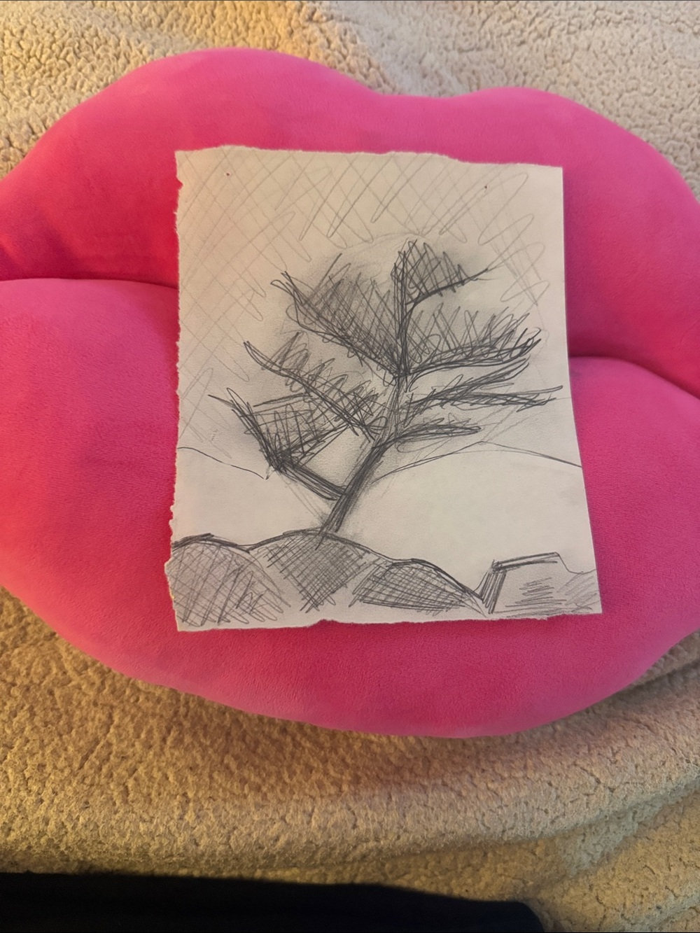Pink Decorative Lip Pillow with Sketch Accent - Home Art